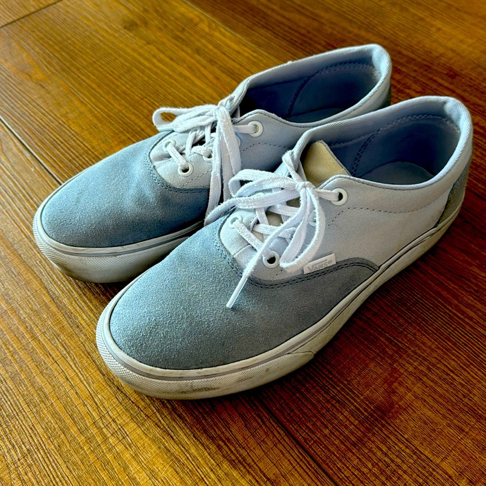 Blue and white sneakers